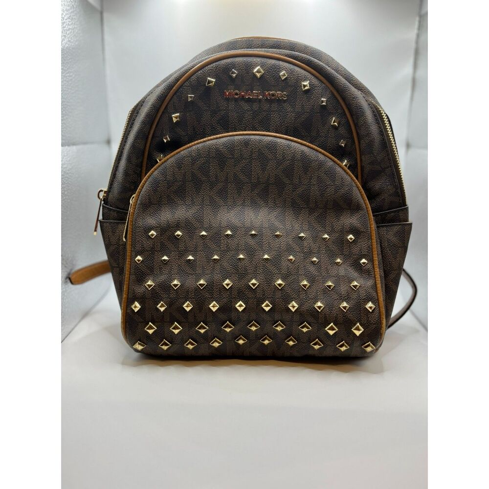 Michael Kors Abbey Medium Studded Backpack Brown MK Signature PVC Gold Logo Tag